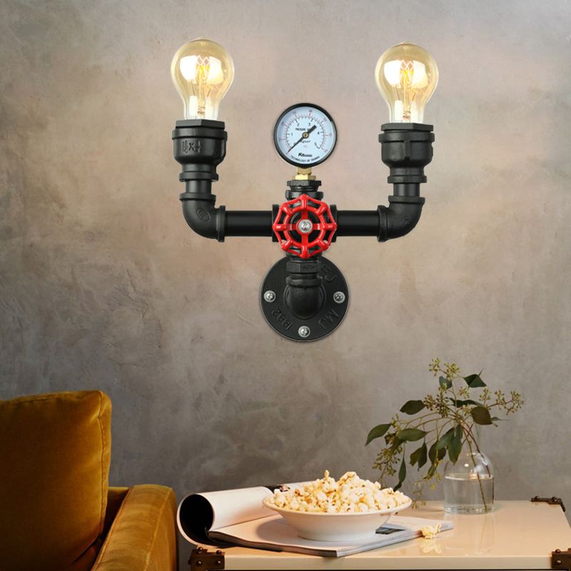 2/3 Lights Wall Mount Light with Pipe and Gauge Metal Steampunk Restaurant Wall Lighting in Black