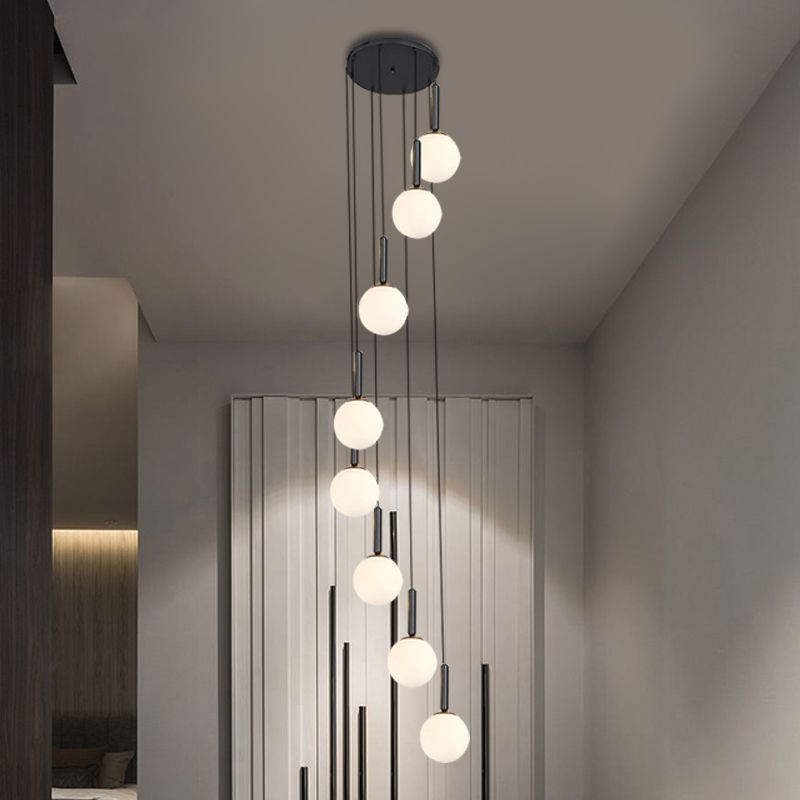 Spiral Living Room Multi Light Pendant Modernism White/Clear Lattice Glass 8/9 Heads Black Hanging Lamp Kit