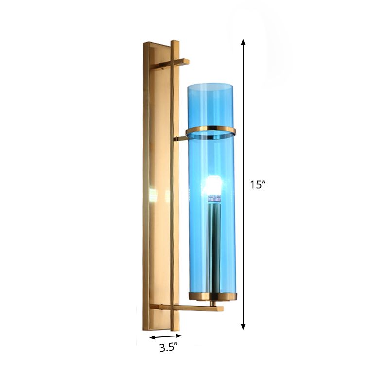 Cylinder Living Room Sconce Blue Glass 1 Head Modernism Wall Mount Light Fixture