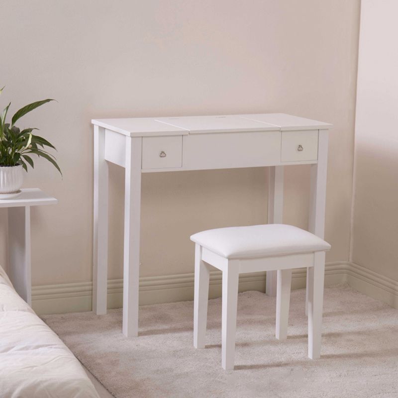 Flip Single Mirror Vanity Desk Double Drawers Straight Feet Dresser in White