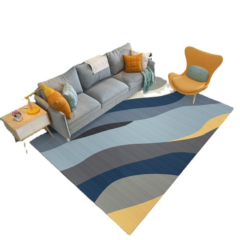 Blue Living Room Carpet Geometric Pattern Polyester Area Rug Non-Slip Backing Rug