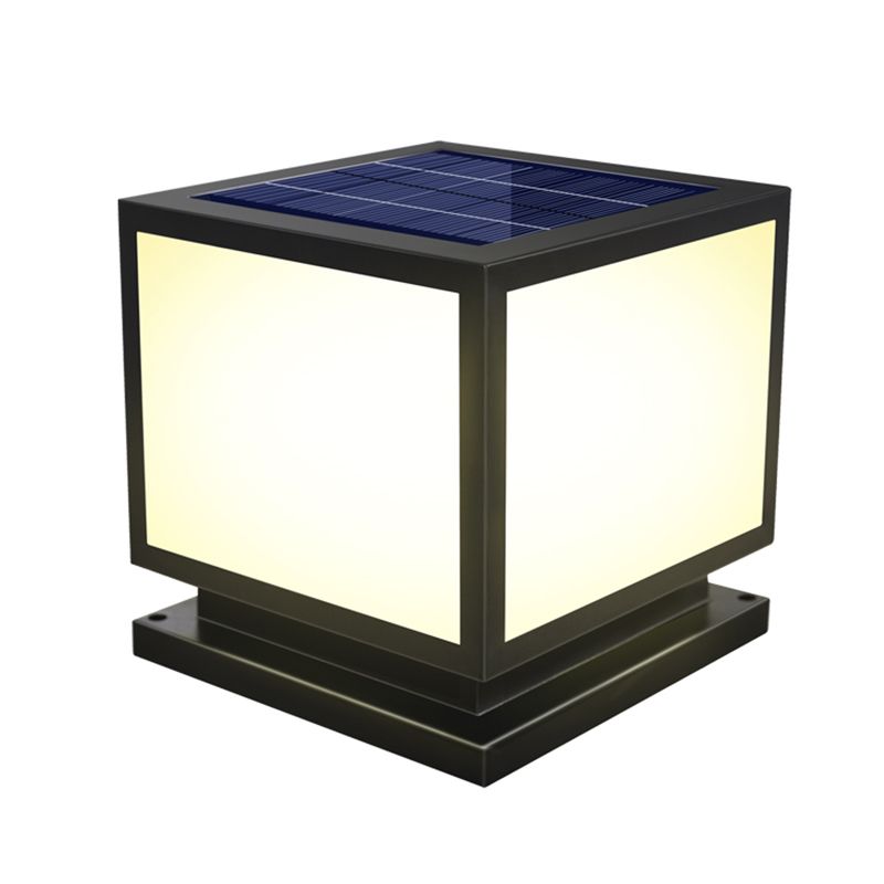 Square Shape Metal Outdoor Lamp Modern Style 1 Light Solar Pillar Lights in Black