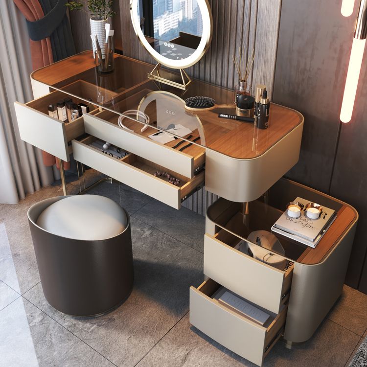 Glass Top Bedroom Make-up Vanity 5 Storage Drawers Dressing Table