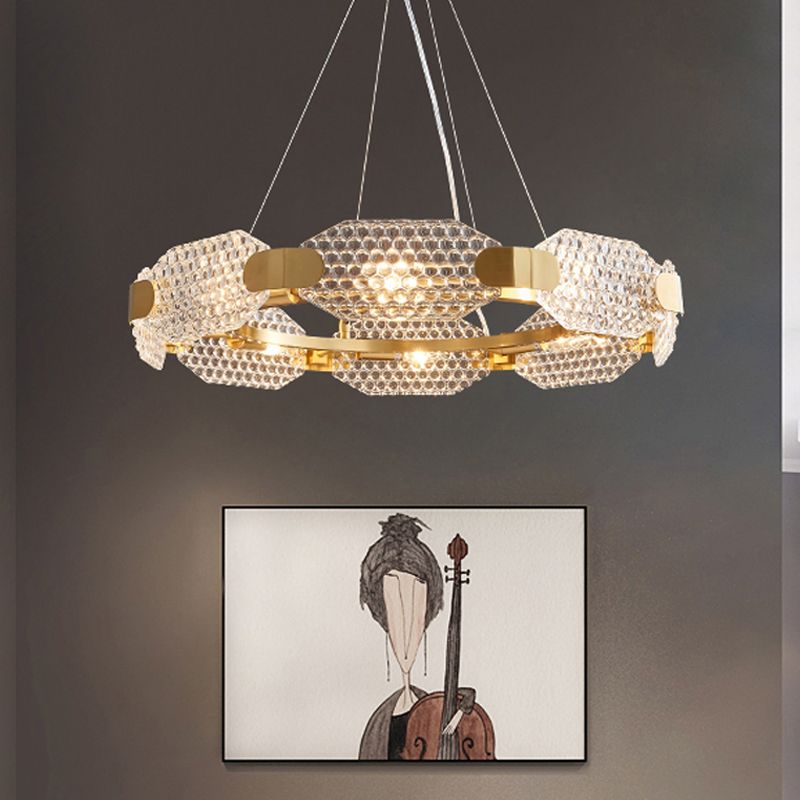 Prism Crystal Circular Chandelier Light Simple Style 6 Lights Bedroom Hanging Lamp Kit in Gold with Octangular Panel