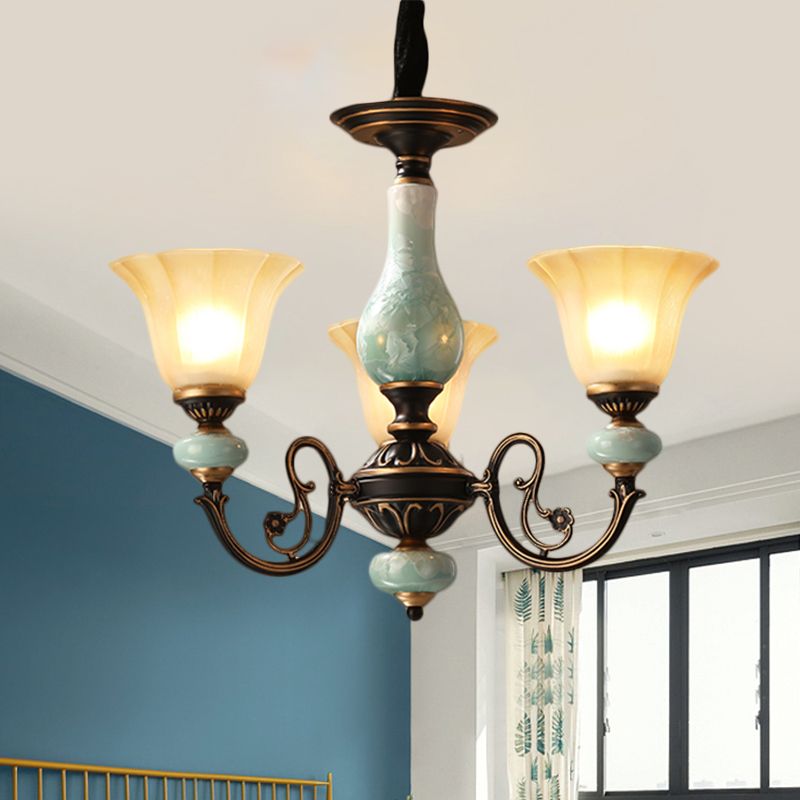 Black-Gold Curvy Armed Pendant Chandelier Style Rural Metallic 3/5/6 Lights Livrer le plafond Light With Blossom Shade