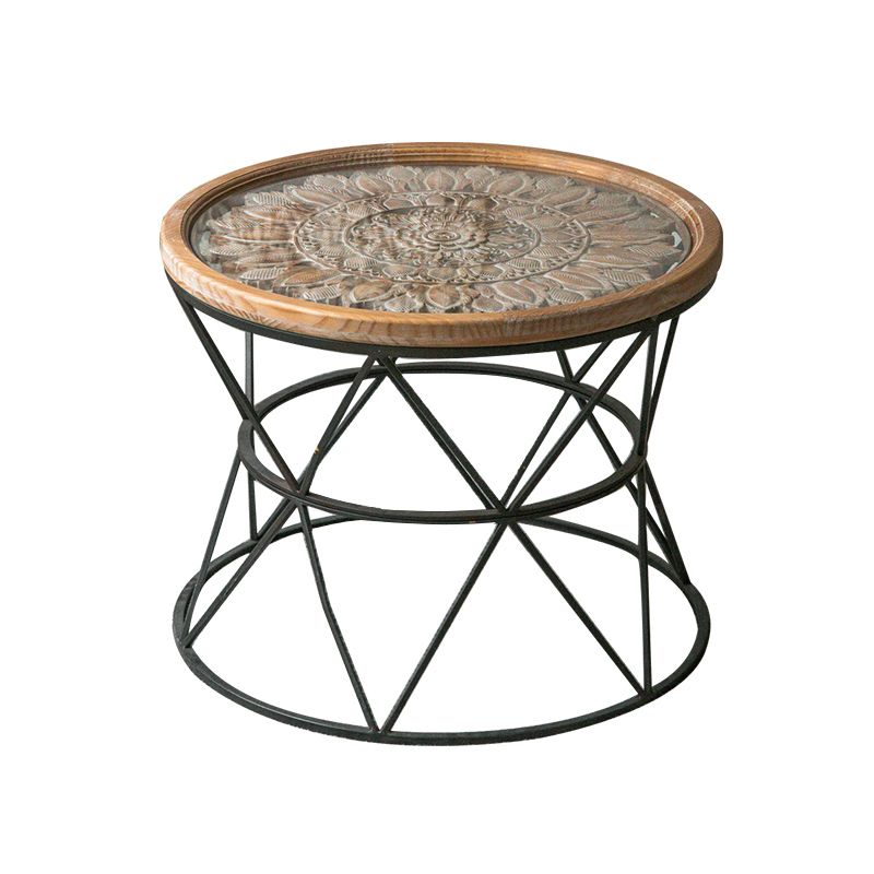 French Country Wood Round Top Side Table Distressed Iron Base End Table