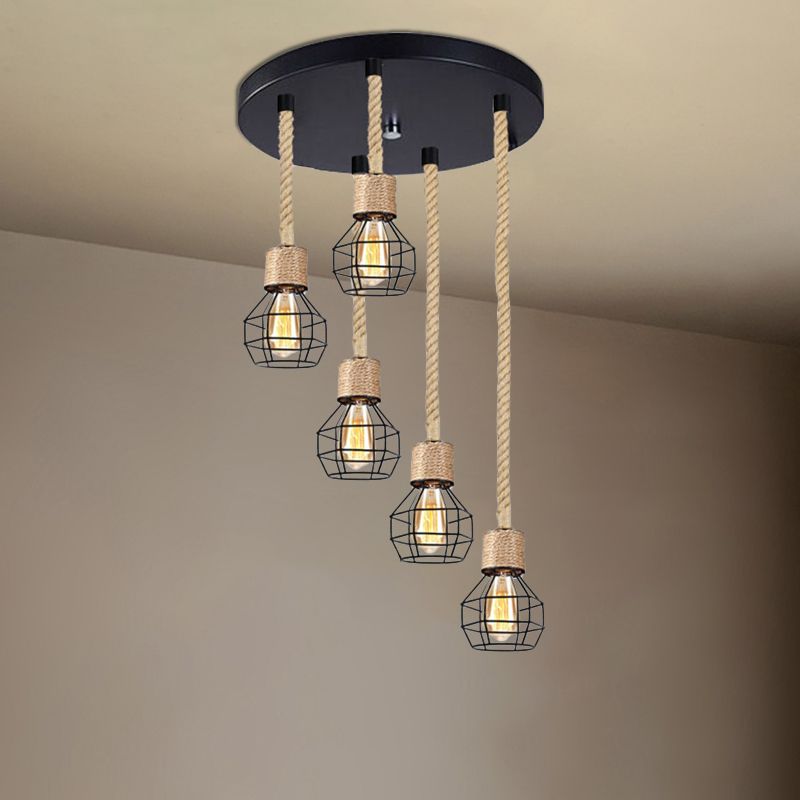 Metal Globe Cage Ceiling Lighting with Adjustable Rope Lodge 3/5 Heads Indoor Hanging Light in Black