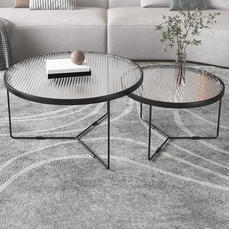 Contemporary Round Glass Top Metal Cross Legs Nesting Coffee Table