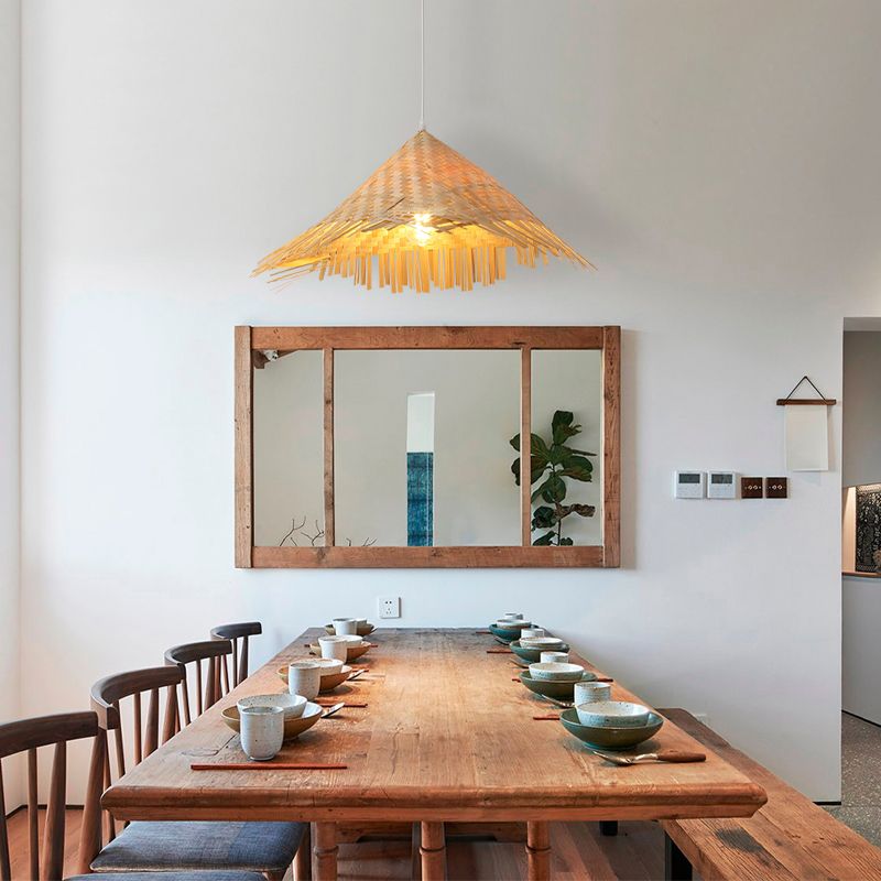 Bamboo Conical Hat Pendant Lamp Chinese Single Beige Suspension Light for Tea Room