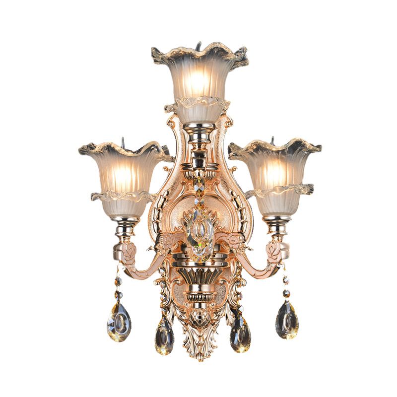Frosted Glass Gold Wall Lamp Floral 3 Bulbs Traditionalist Wall Lighting Fixture with Crystal Accent for Restaurant
