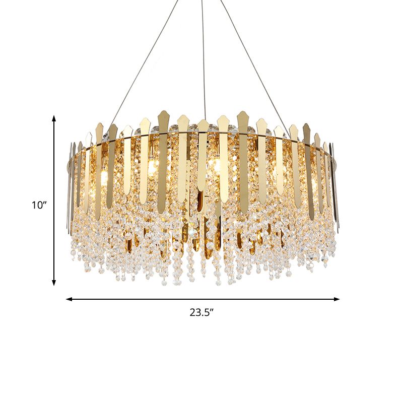 6 Lights Living Room Hanging Light Kit Brass Chandelier Light with Drum Crystal Strand Shade