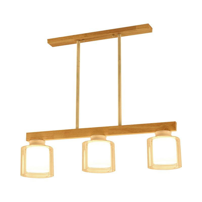 Double Glass Cylinder Shade Island Lighting Restaurant 3/4-Head Nordic Wooden Linear Pendant in White