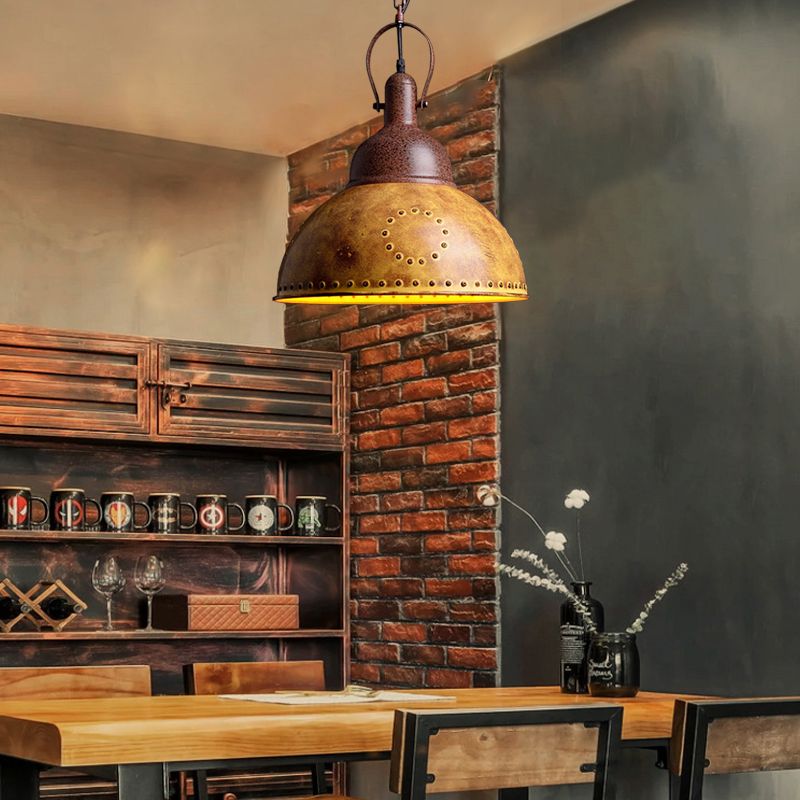 Domed Restaurant Hanging Ceiling Light Antique Style Wrought Iron 1 Light Yellow Pendant Lamp with Rivets