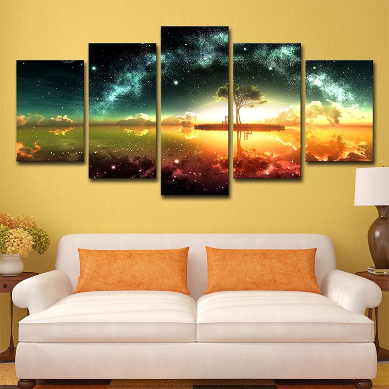 Digital Print Contemporary Canvas Art with Lakeside Tree and Starry Sky Scenery, Green