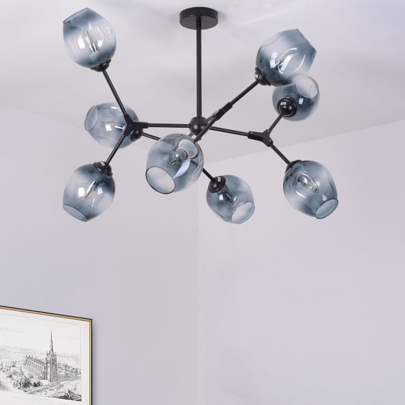 Degradado de cristal azul ramificado de semi-ras Modernismo 8-Cabeza de montaje de techo de montaje de Candelabro para sala de estar