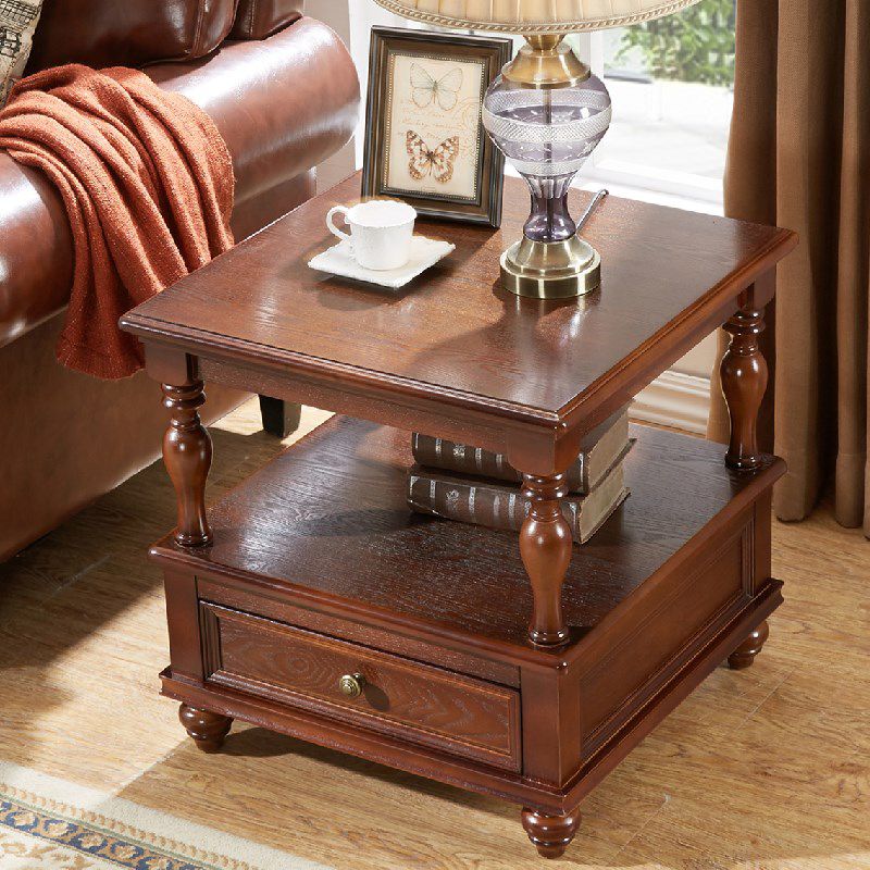 23.6" Tall Square Wood Top Side Table Brown 4 Legs End Table with Storage