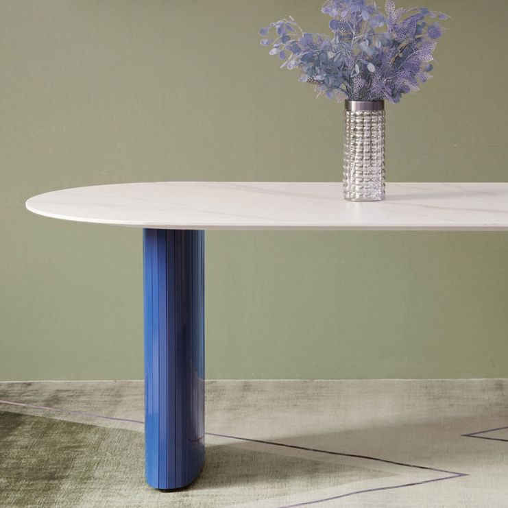 Tavolo da pranzo in pietra di pietra bianca e blu moderna tavolo da pranzo a forma ovale con doppia basi di piedistallo