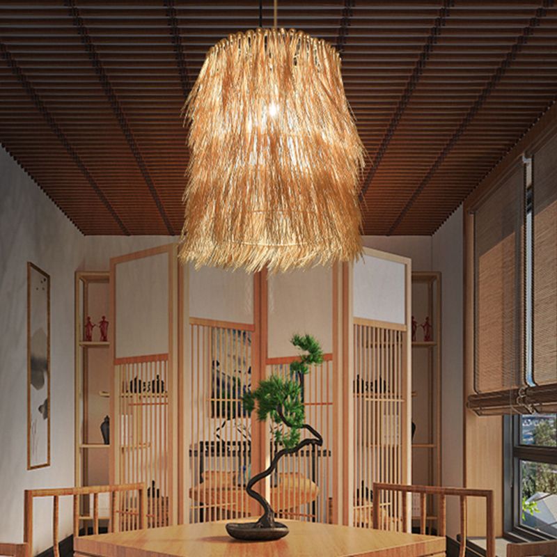 Tassel Pendant Lighting Asian Inspired Rattan 1 Bulb Dining Room Hanging Lamp in Beige