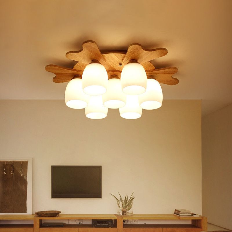 Cream Glass Bell Flush Ceiling Light Nordic 1/5/7-Head Semi Mount Lighting with Antler Top in Wood