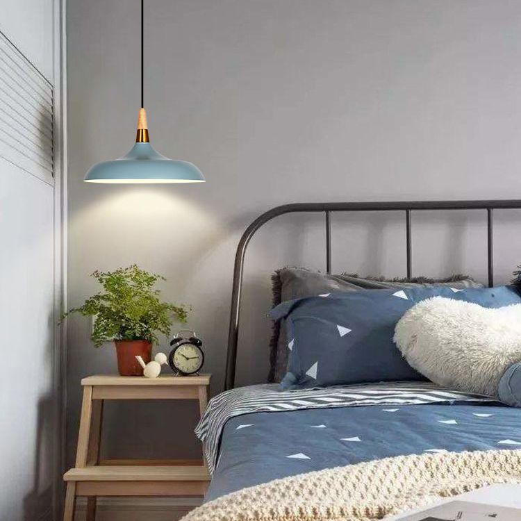 Macarons Industrial  Barn Shade Pendant Light Metal 1-Light Restaurant Pendant Lighting with Wooden Top