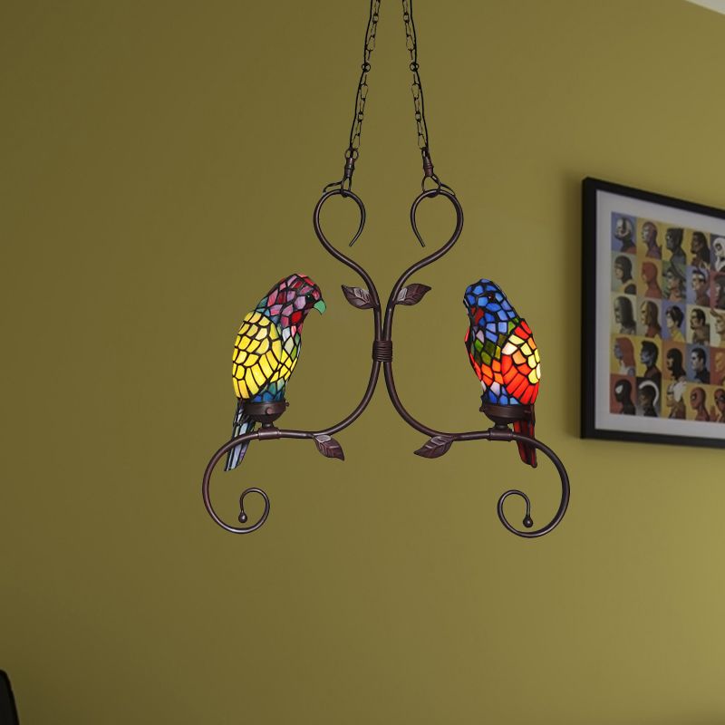 Lustre de plafond en verre coupé Baroque 2 têtes Éclairage de pendentif en bronze avec cadre défilé