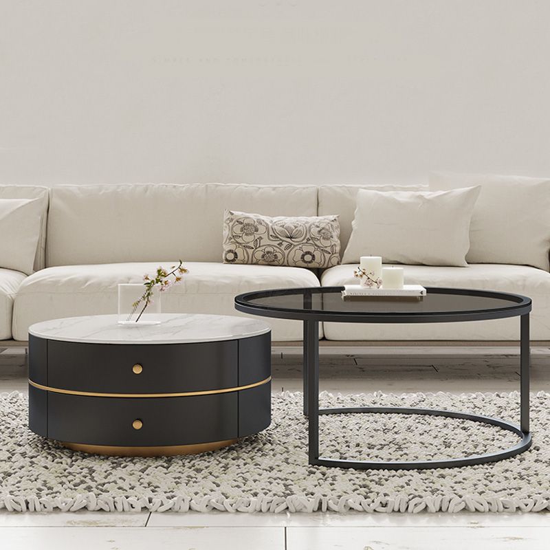Frame Coffee Table Contemporary Stone/Glass Cocktail Table with Storage Drawers