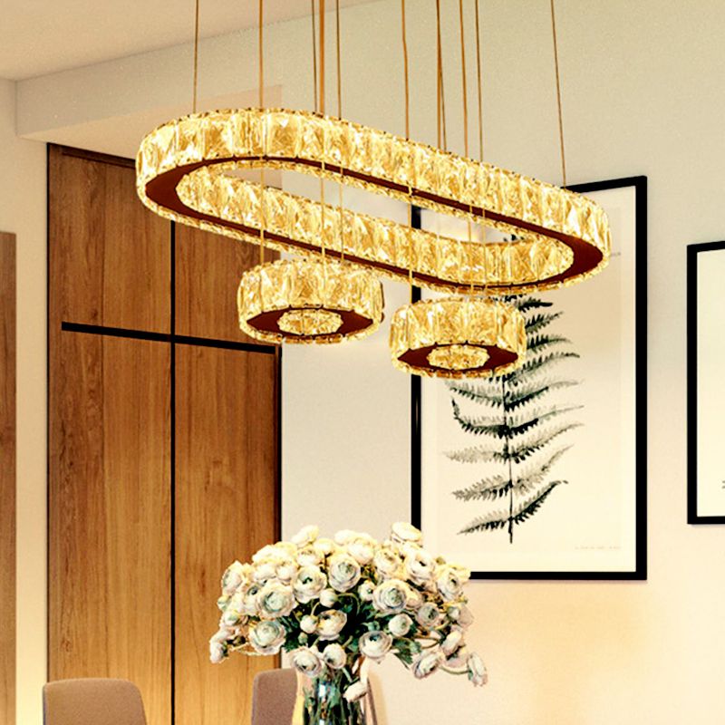 Beveled Crystal Oval Chandelier Light Modern LED Suspension Pendant in Chrome