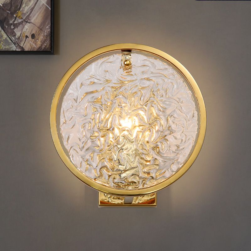 1 Light Water Glass Wall Sconce Traditionalist Gold Circle Living Room Wall Mounted Light