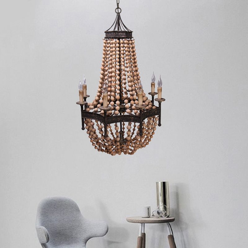 8 Heads Candle Ceiling Chandelier Traditional Wood Suspended Lighting Fixture in Beige