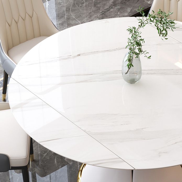 Contemporary Style Sintered Stone Dining Table with Built-in Storage Layer and Pedestal Base