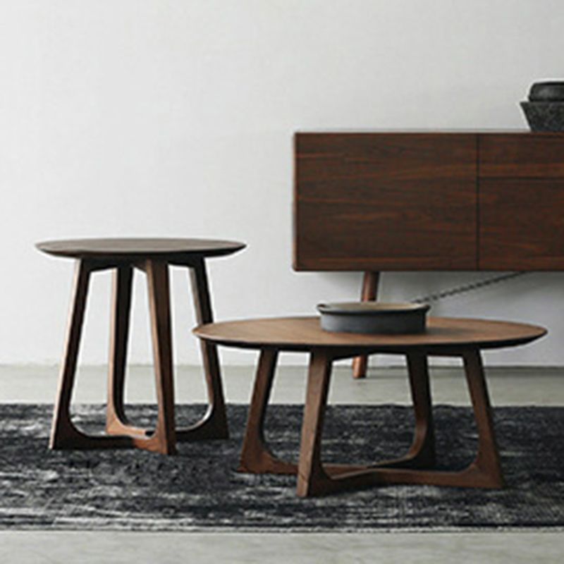 Solid Wood Round Coffee Table in Brown Scandinavian 2 Pieces Cocktail Table Set