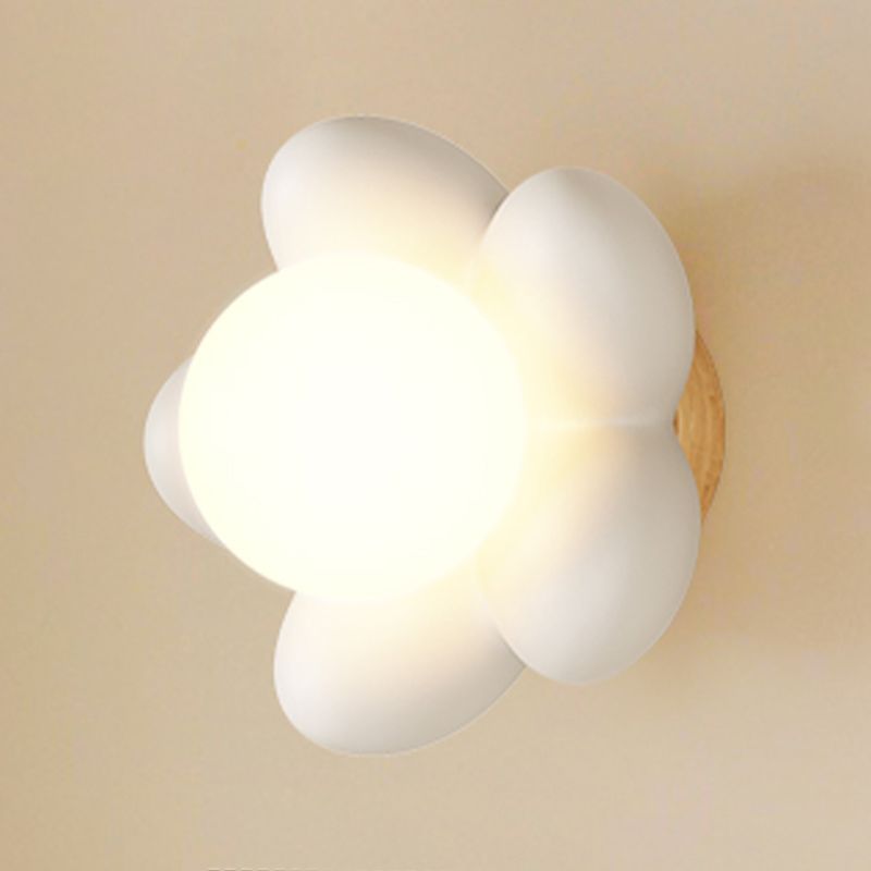 Children Style Wall Mount Lamp Wooden Flower Shape with Glass Shade for Bedroom