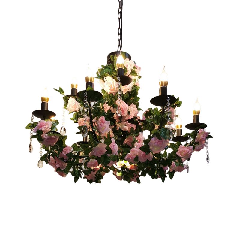 10-Bulb Ceiling Chandelier Antiqued Candelabra Metal Drop Pendant with Pink/Purple and Red Fake Flower Deco