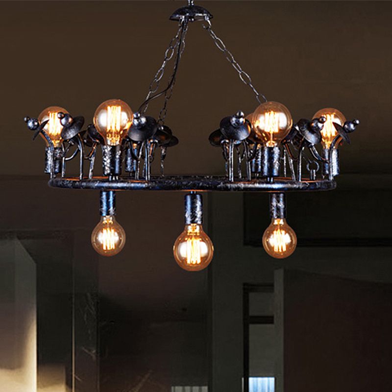 Multi Light Round Chandelier Light Open Bulb Metal Rustic Pendant Lighting in Black
