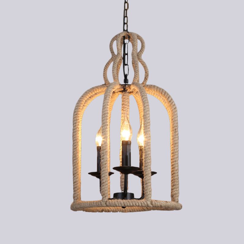 Beige 3 Heads Chandelier Light Industrial Rope Bird Cage Ceiling Pendant Lamp for Coffee Shop