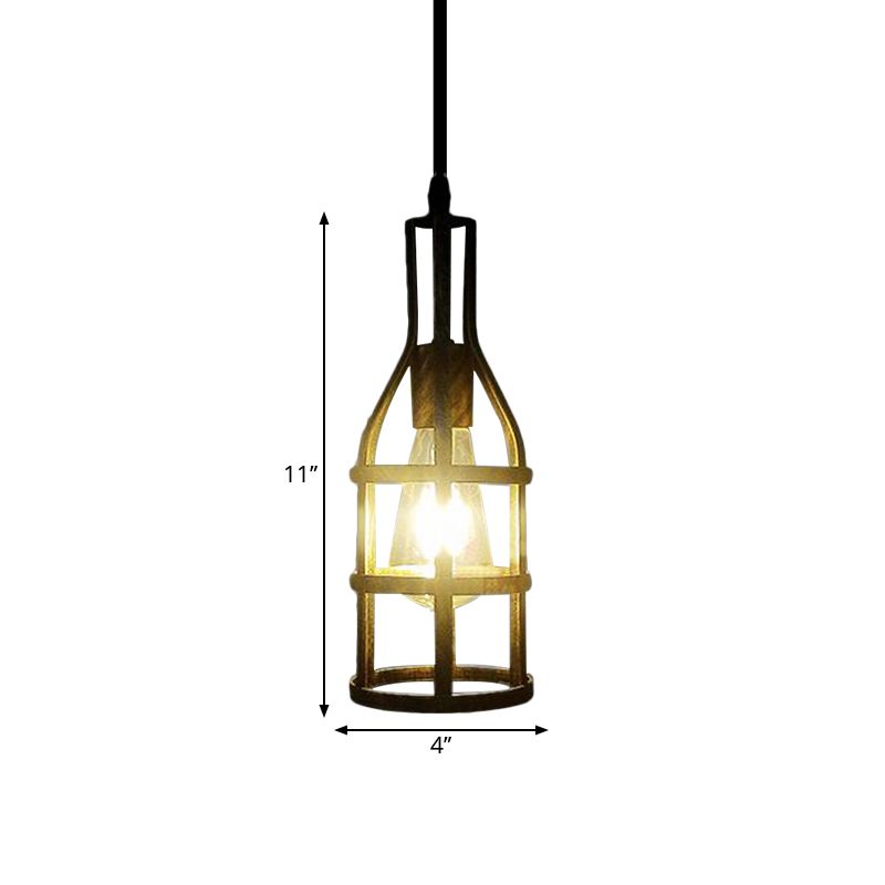 Drahtkäfig -Metallhänge hängendes Industrial 1 Lampenküche Hanges Anhänger Licht mit Weinflaschendesign in Schwarz/antikes Messing