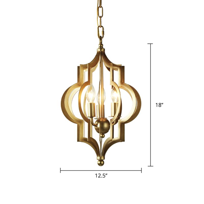 3 Bulbs Candle Chandelier Light Traditional Gold Metal Hanging Ceiling Fixture for Dining Room with Cage, 12.5"/28" Wide