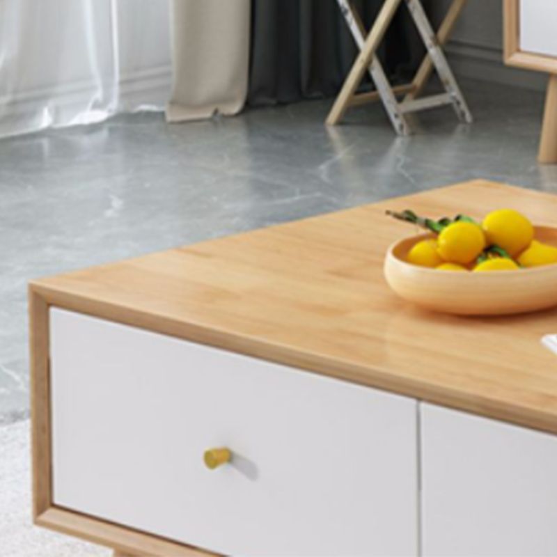 Wooden Coffee Table with 2 Drawers and 4 Wooden Legs in Brone for Living Room