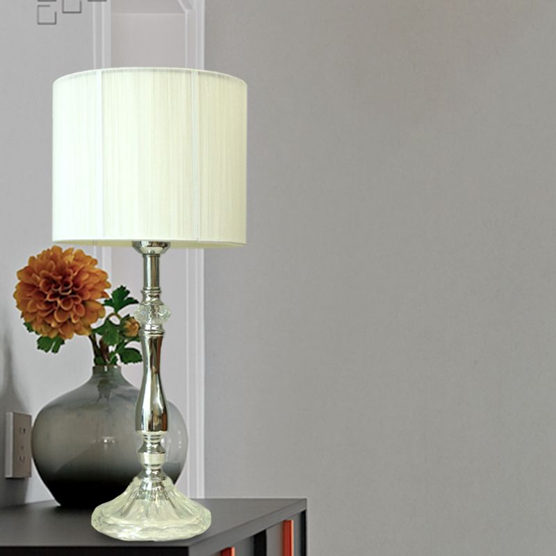 Lampada da Tavolo in Tessuto Bianco Cilindro 1 Luce Luce Notturna Semplice per Soggiorno con Base in Cristallo