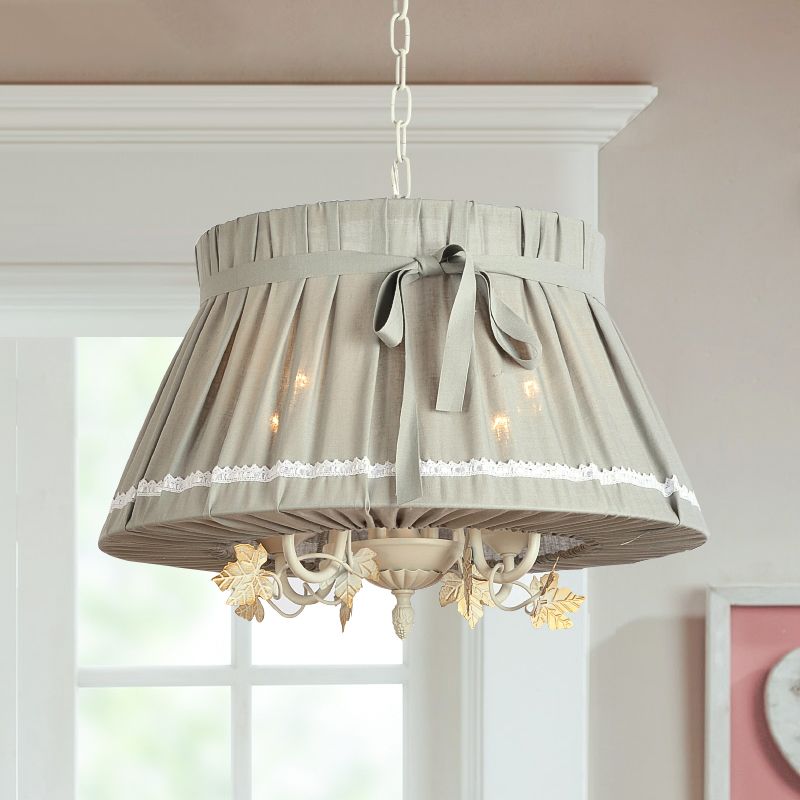Drum Comedor Candelier Candelier de tela tradicional 4 luces Beige Holging Lights
