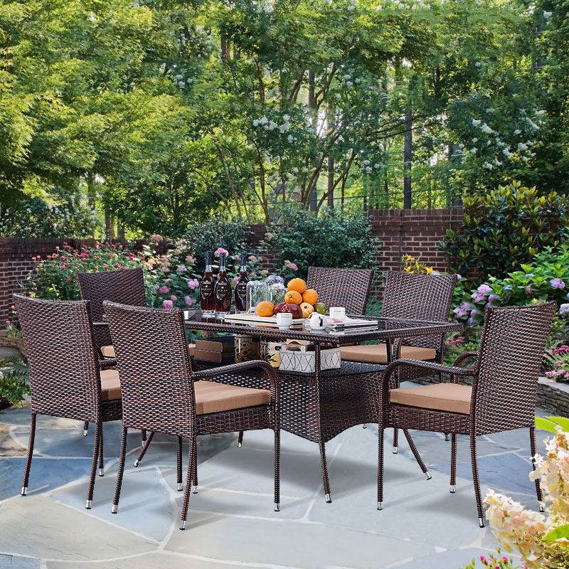 Modern Tempered Glass Outdoor Table Set 1/5/7 Pieces Bistro Table Set with Rat Base