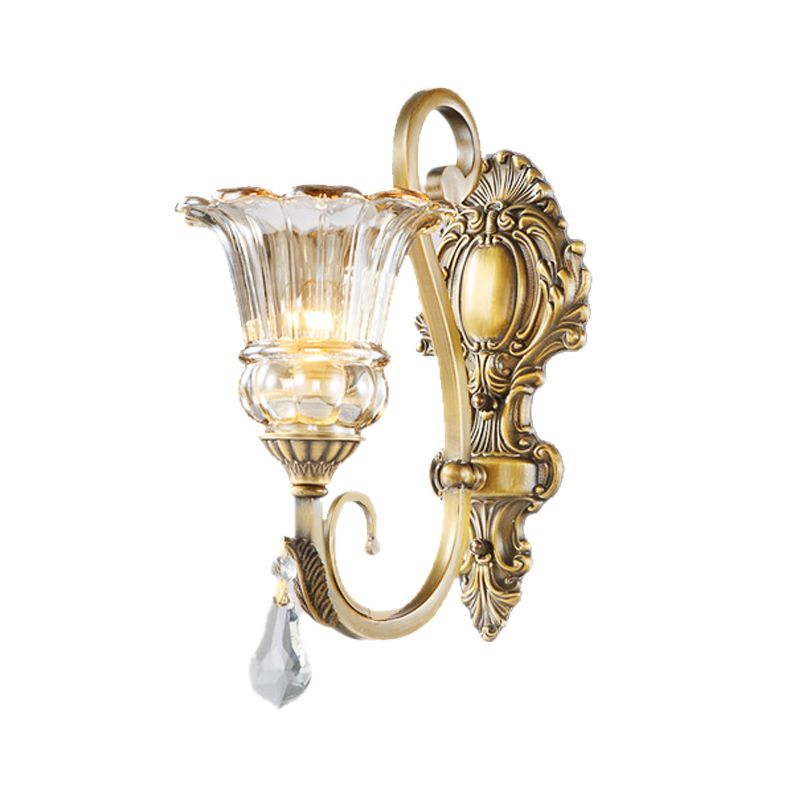 Flower Bedroom Wall Mount Light Clear Glass 1/2 Heads Contemporary Sconce Light in Brass with Crystal Drop