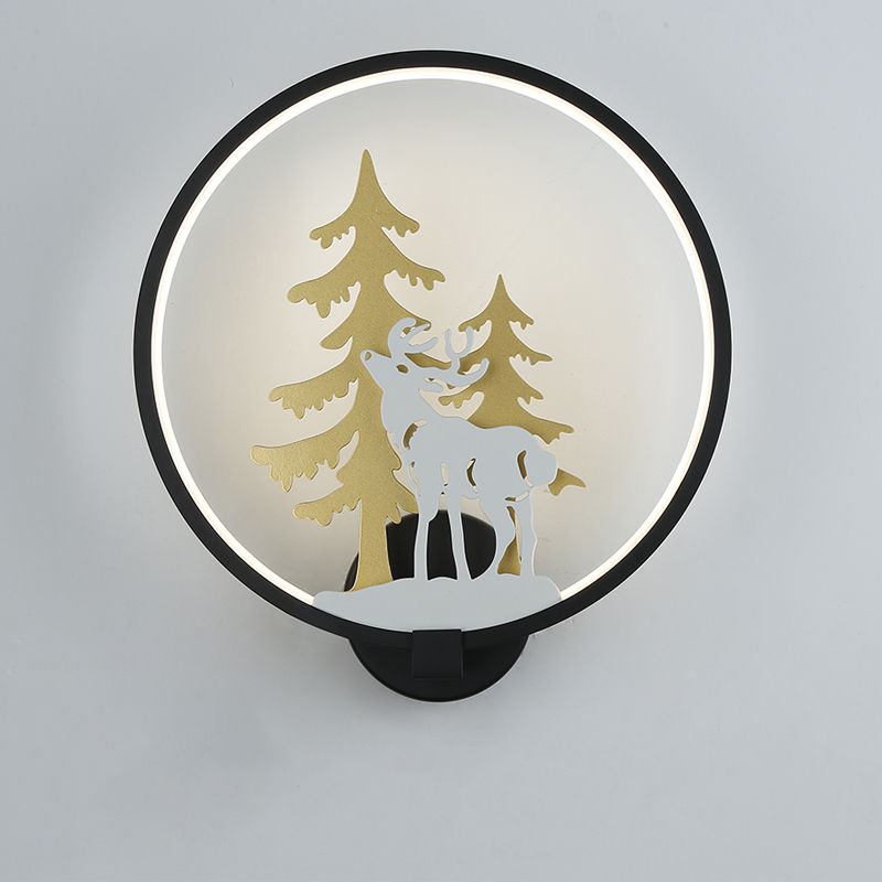 Black/White Round Deer and Tree Mural Light Minimalist Style LED Metal Wall Lighting Fixture, Warm/White Light