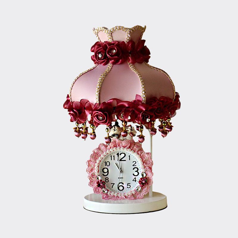 1-Bulb Girl Bedroom Night Light Kids Purple et rose Table Éclairage avec une teinte et une horloge de tissu festonné et une horloge