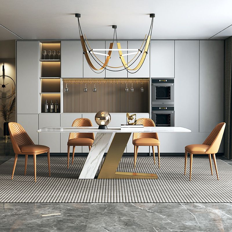 Glam Style Rectangle Table Sintered Stone Table with Metal Legs for Kitchen