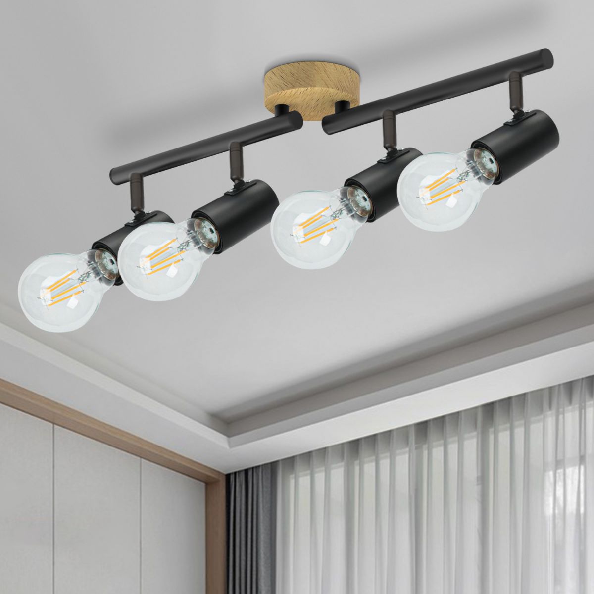 Surface Mounted Track Lights Retro Style Wood Adjustable Angle Home Bedroom Living Room Multi-lamp Ceiling Light