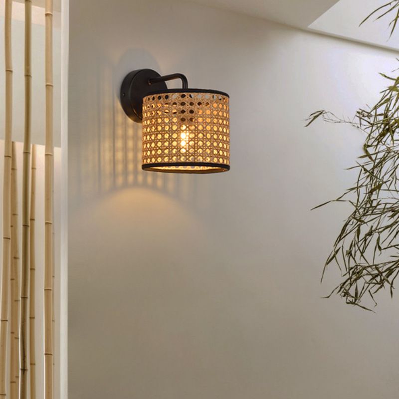 Rattan Cylinder Shape Wall Sconce Modern Style 1 Light Wall Light Sconce in Black