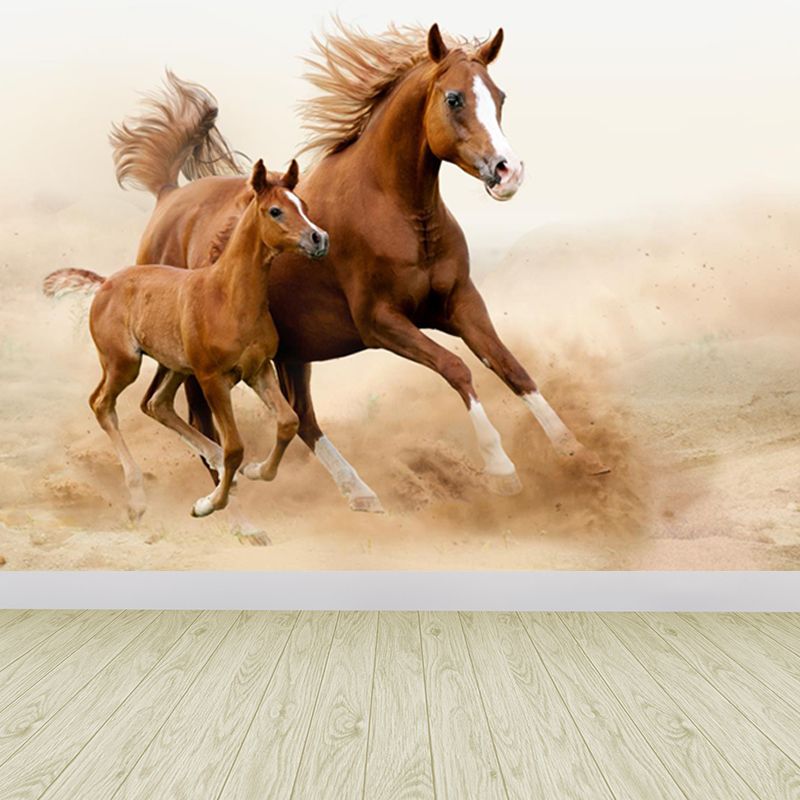 Running Horse Scenery Mural Decal for Girls Bedroom, Brown, Custom Size Available