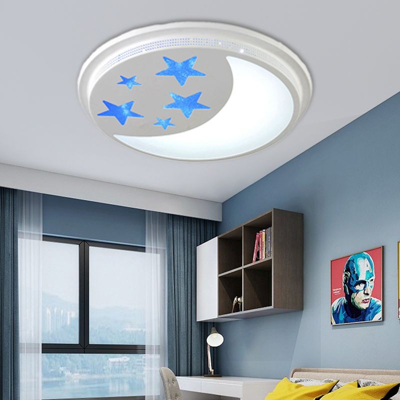 Blue and White Circle Ceiling Lamp with Moon Star Cartoon Acrylic LED Ceiling Mount Light for Girls Room