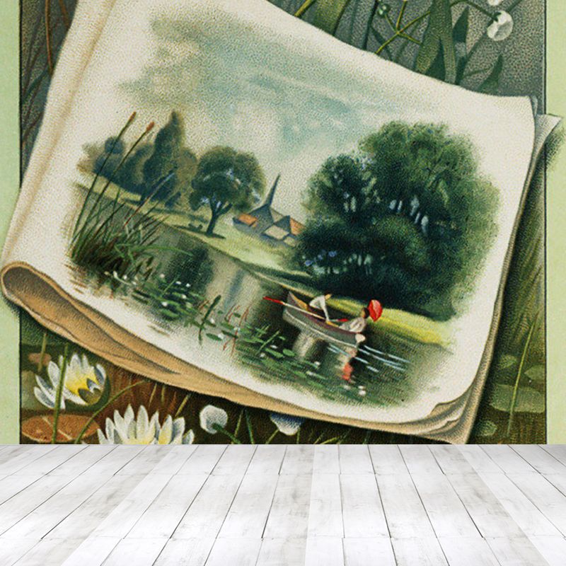 Green Lotus Flower Mural Wallpaper Florentine Modern Washable Wall Art for Playroom